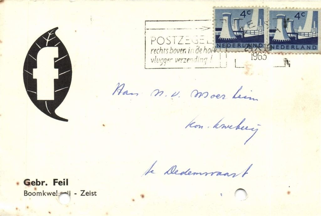 Gebr. Feil, Boomkwekerij, Zeist - 10.1963 - briefkaart, Ophalen of Verzenden, Briefkaart