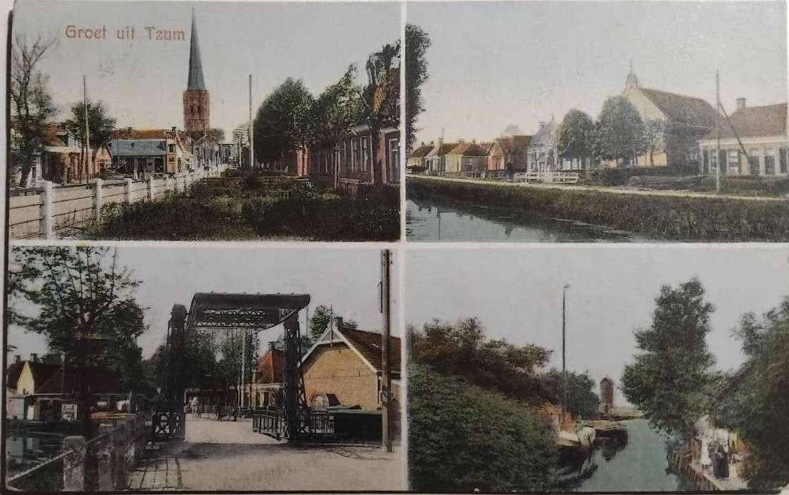 4-luik ansichtkaart Tzum (Friesland) – Uitg. Tinga (1930), Ophalen of Verzenden, 1920 tot 1940, Gelopen, Friesland