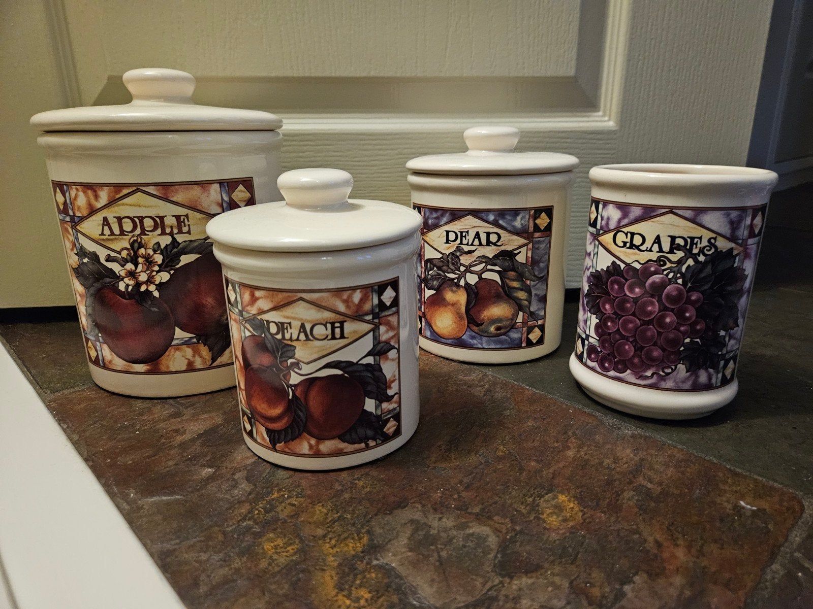 Set van 4 voorraadpotten met fruitmotief, Ophalen, Gebruikt, Voorraadpot, Steen/keramiek
