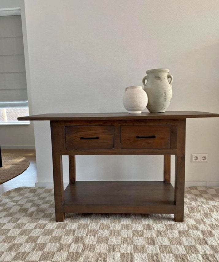 Mooie houten sidetable met lades en plank, Ophalen, 100 tot 150 cm, Zo goed als nieuw, Overige houtsoorten