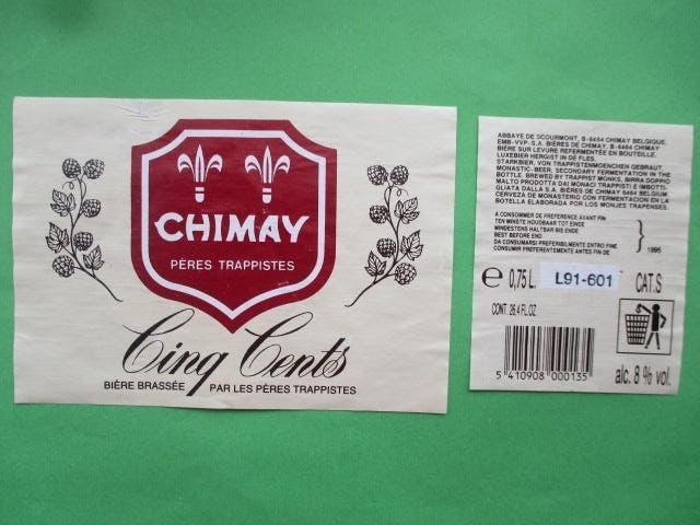 bieretiket Belgie 5-5 (13T) chimay, Ophalen of Verzenden, Gebruikt, Overige typen, Overige merken