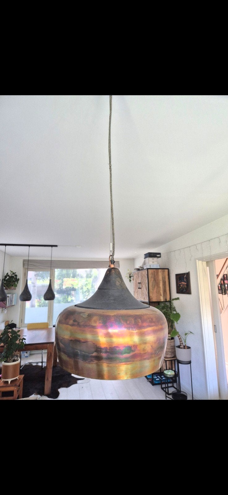 Dutchbone design hanglamp mangohout + gevlamd koper, Ophalen, Gebruikt, Industrieel, Modern, Scandinavisch, E27 (groot)