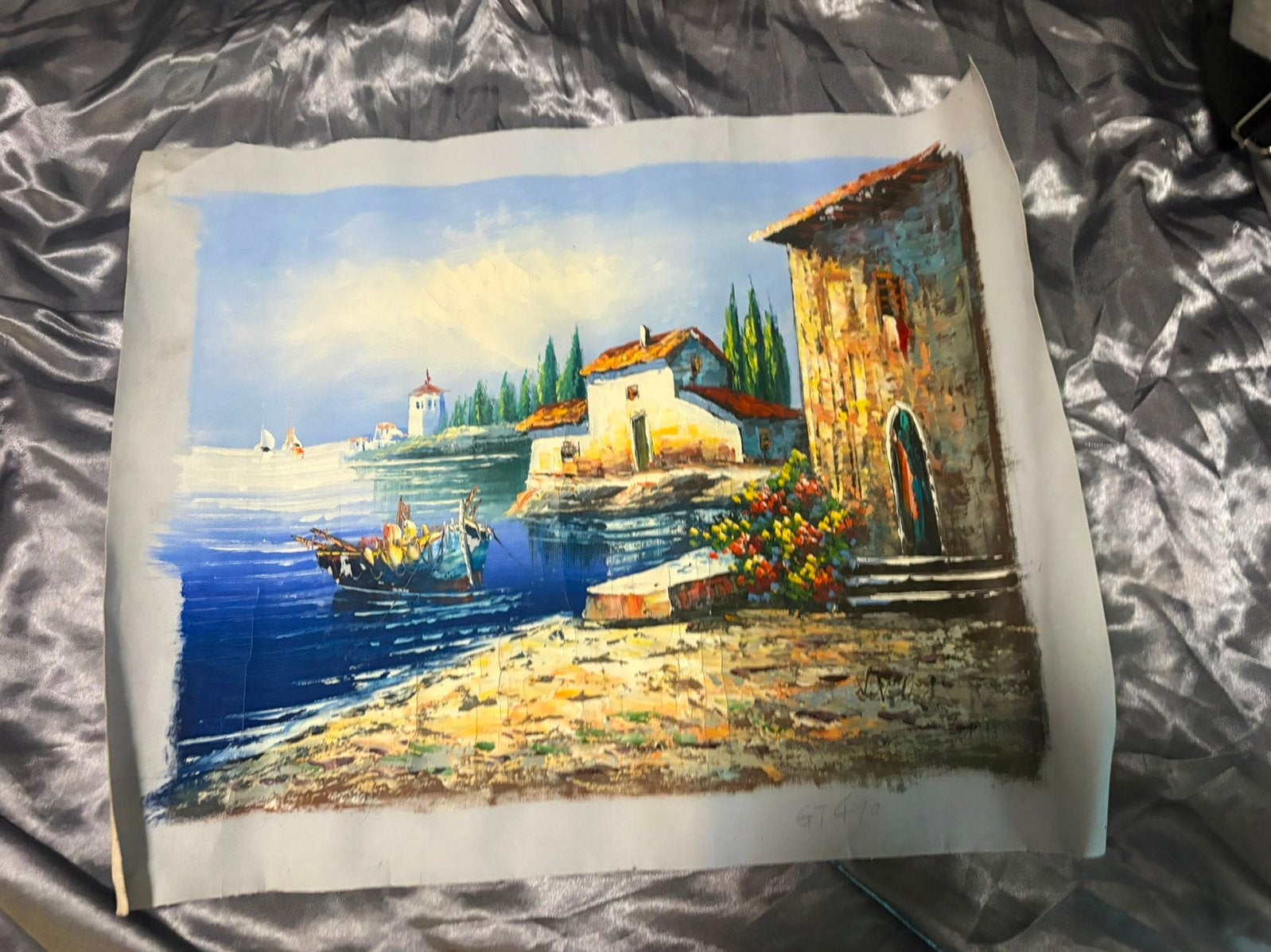 Schilderij: Mediterraan kustlandschap met huizen en boten, Antiek en Kunst, Maritiem / water, Doek, Expressionistisch, Ophalen of Verzenden