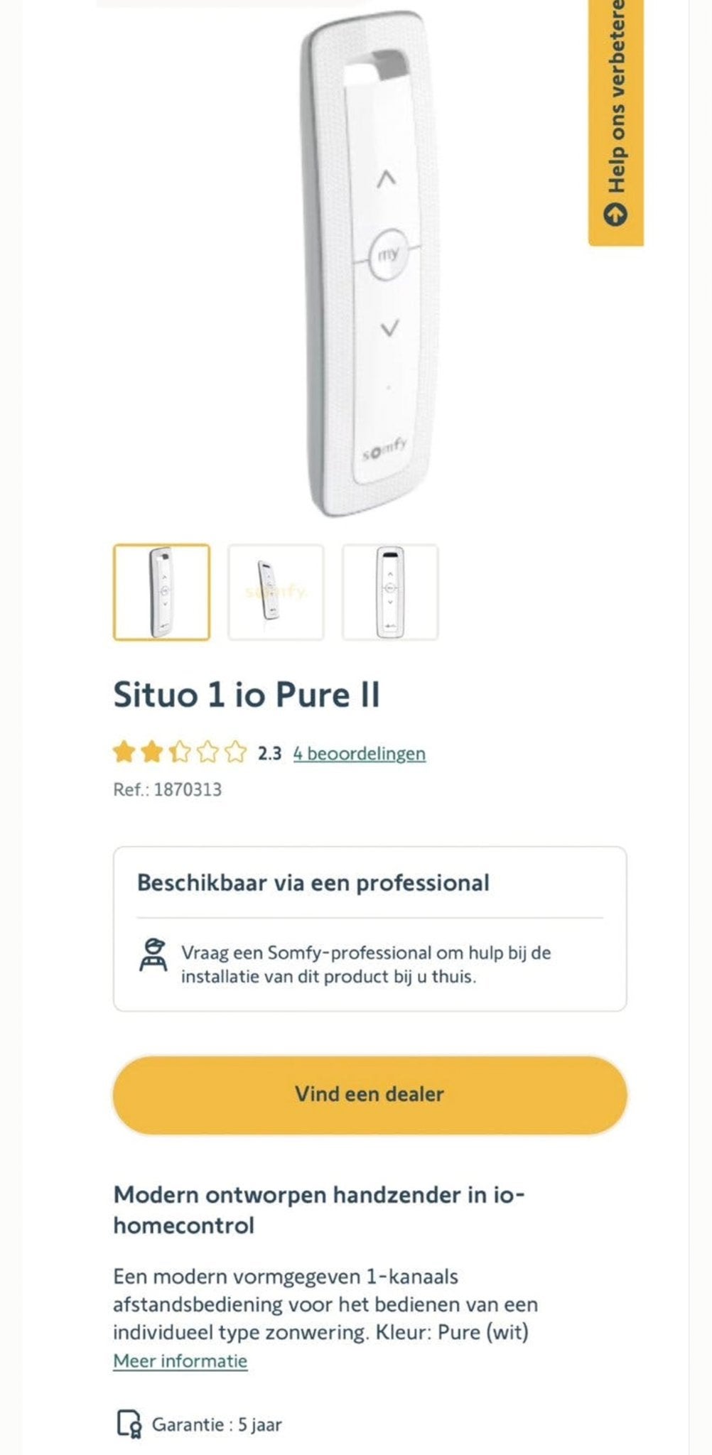 Somfy Situo 1 io Pure II Afstandsbediening, Tuin en Terras, Zonneschermen, Ophalen, Nieuw, Overige typen, Elektrisch