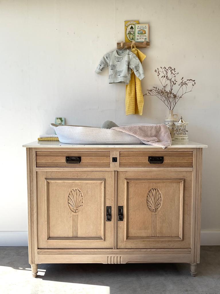 Antieke eiken commode in naturel met marmeren blad, Ophalen, Gebruikt, Eikenhout, Nvt