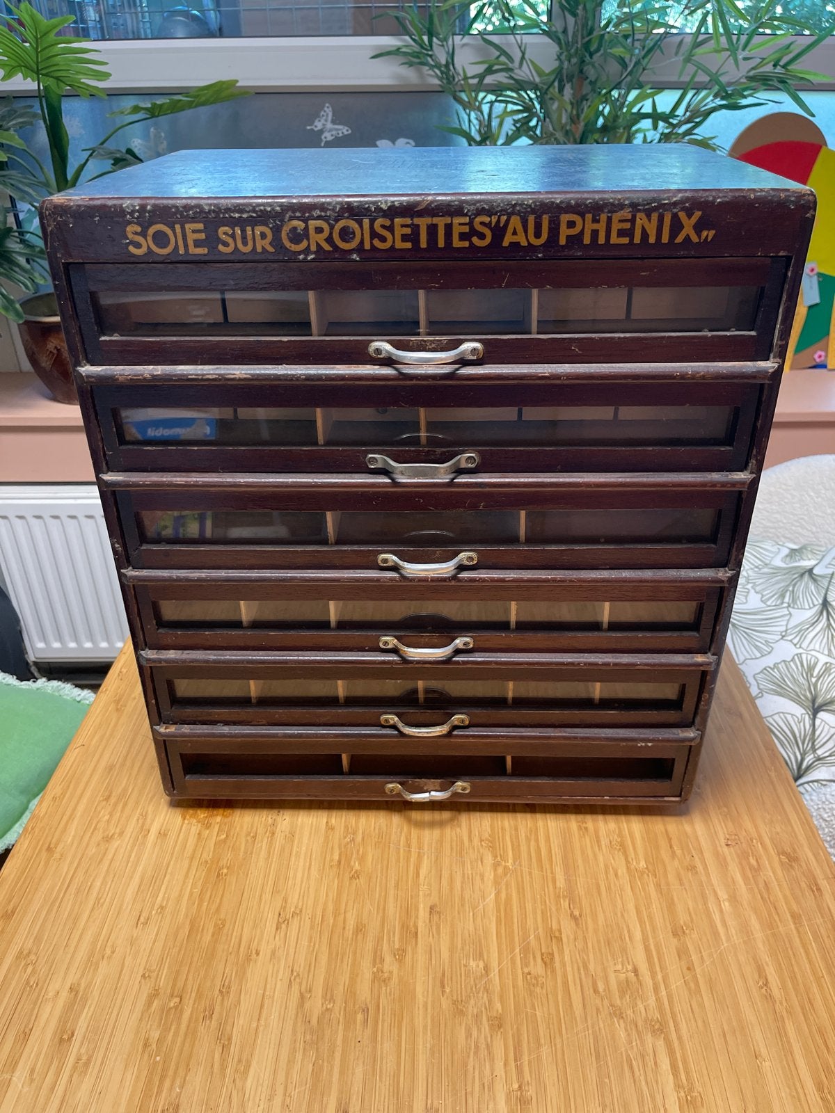 prachtig antiek Frans fourniturenkastje/ toonbankdisplay, Ophalen of Verzenden
