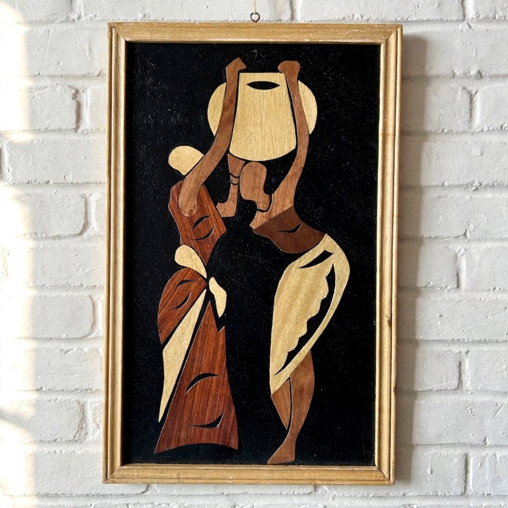 Prachtig vintage wandpaneeltje in houtinlegwerk - '60, 30 cm, Gebruikt, Boho, Hout
