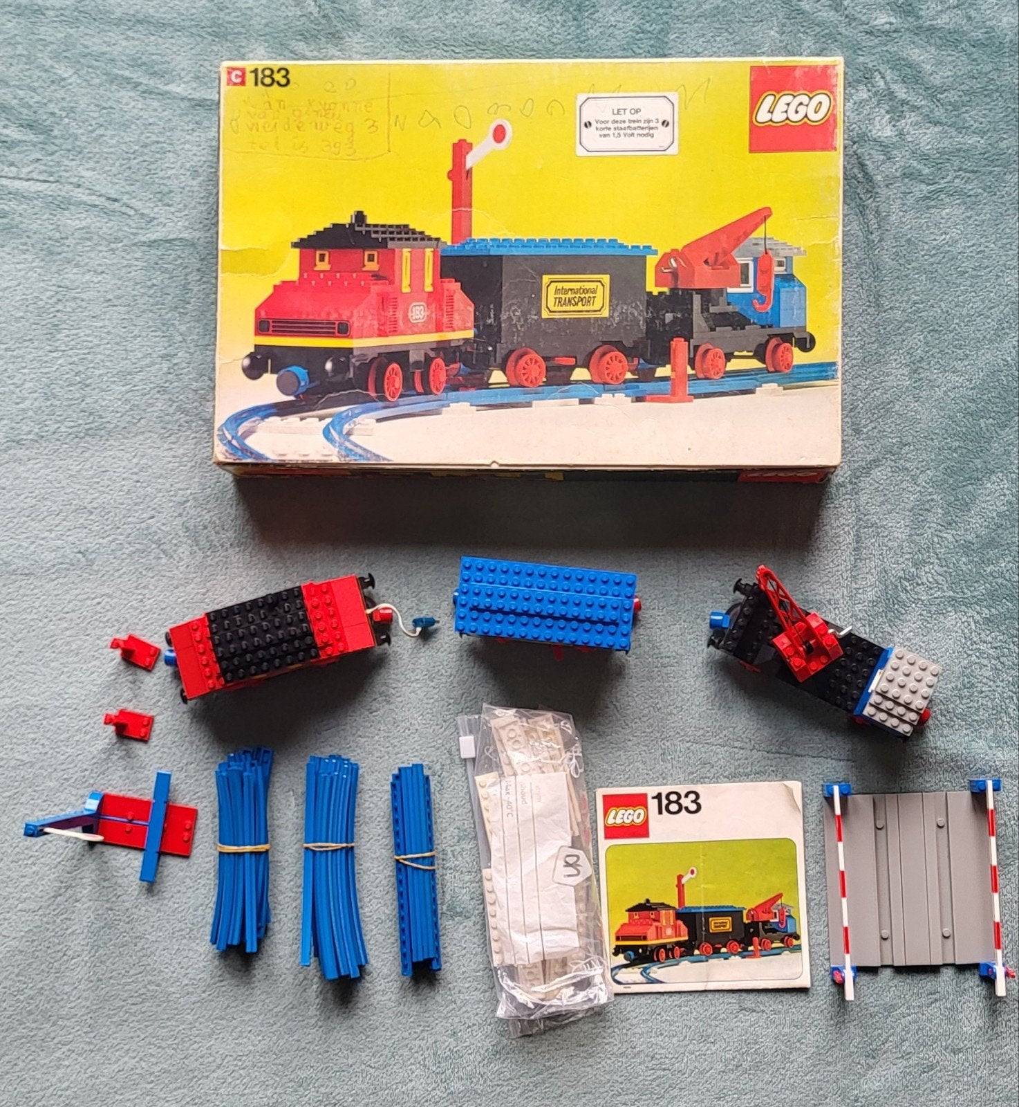 Lego trein 4,5 Volt rails, locomotief, wagons, doos, set 183, Compleet, Gebruikt, Lego, Ophalen of Verzenden