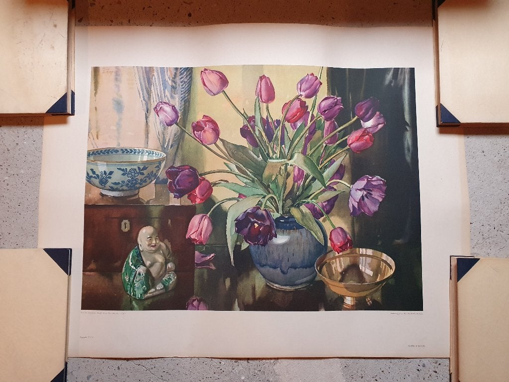 Oude prent van tulpen, boeddha en Chinees - Rudolf Lesch, Ophalen of Verzenden