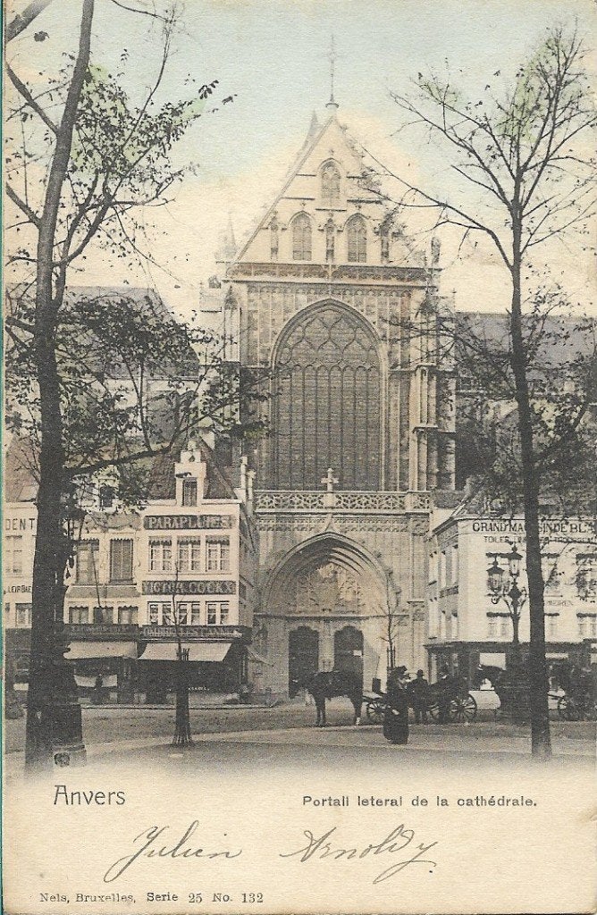 Antwerpen 1904 Groenplaats met zijingang Kathedraal, Verzamelen, Verzenden, Voor 1920, Gelopen, Antwerpen