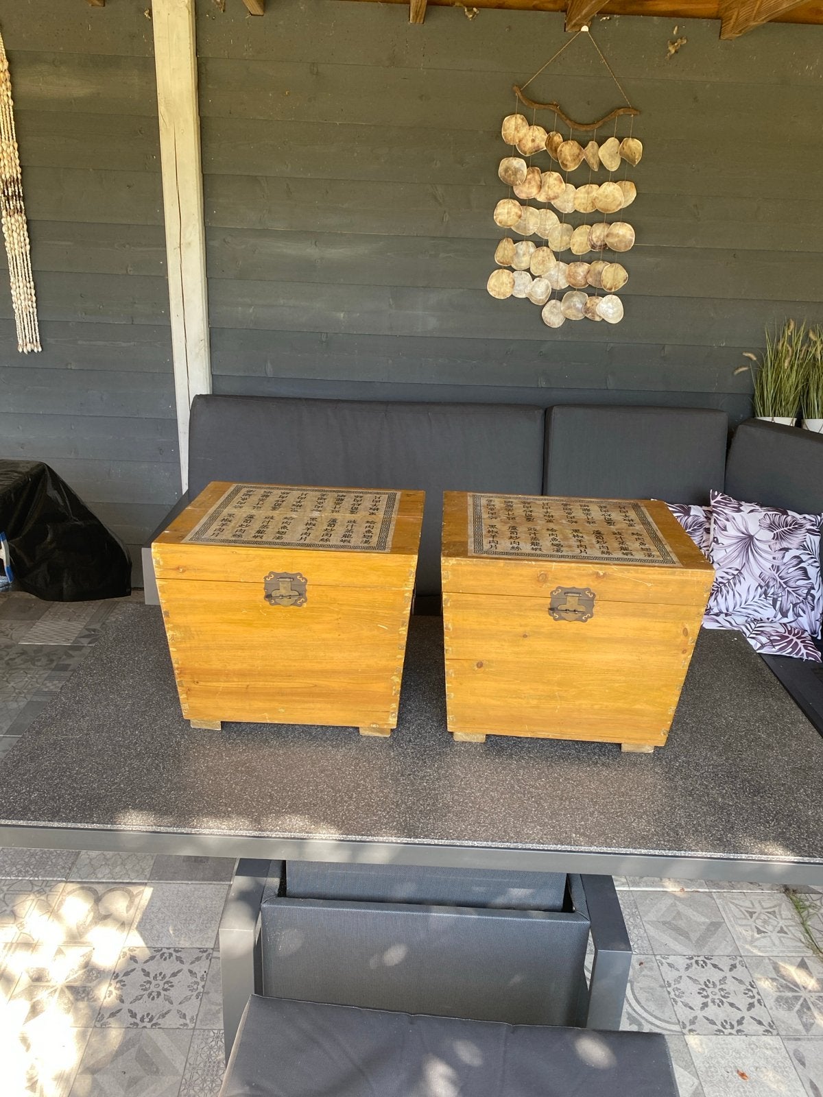 Set van 2 houten kisten met Aziatische opdruk (Xenos), Ophalen, Minder dan 50 cm, Gebruikt, Minder dan 50 cm