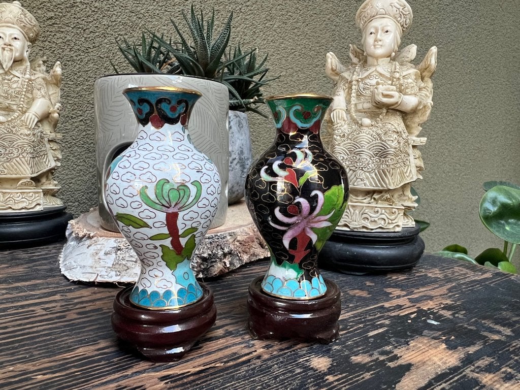 Chinese cloisonné vaasjes chinees aziatisch met onderzetter, Ophalen of Verzenden