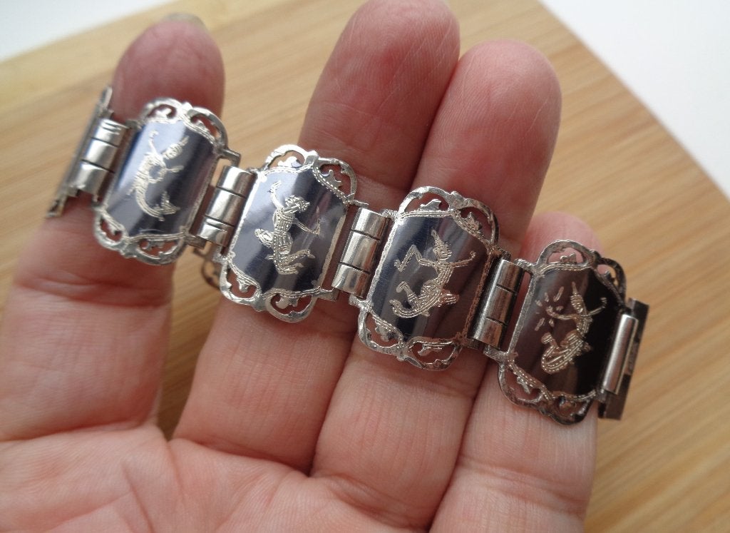 zilveren SIAM niello armband met dansers [110], Verzenden, Zo goed als nieuw, Zilver, Zilver