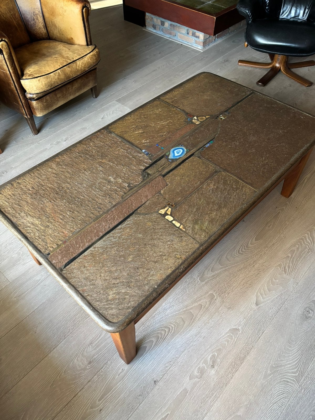 Unieke tafel met stenen blad, Ophalen, Gebruikt, 100 tot 150 cm, 50 tot 100 cm