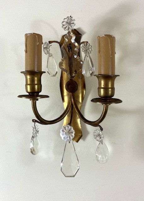 Set antieke koperen / messing wandlampjes met glazen pegels, Ophalen of Verzenden