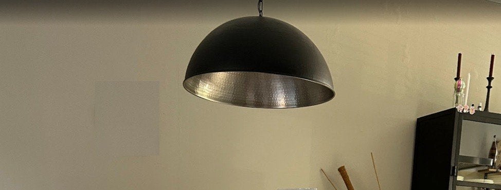 Industriële hanglamp, zwart, zilveren binnenkant 70 cm rond, Ophalen, Gebruikt, Industrieel, rond, rustig, koepel, metaal, kwaliteitslamp
