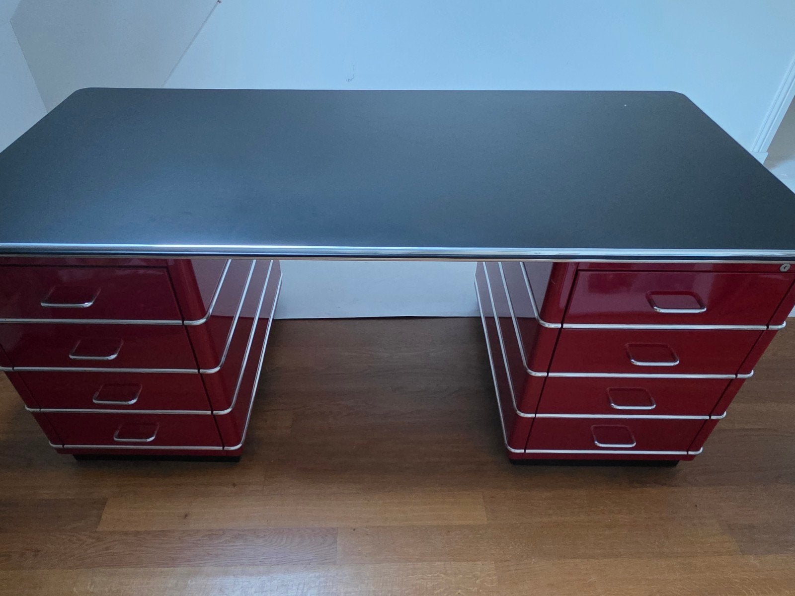 Müller bureau Vintage Gispen style rood bureau met lades, Ophalen, Overige typen, Gebruikt, 175 cm