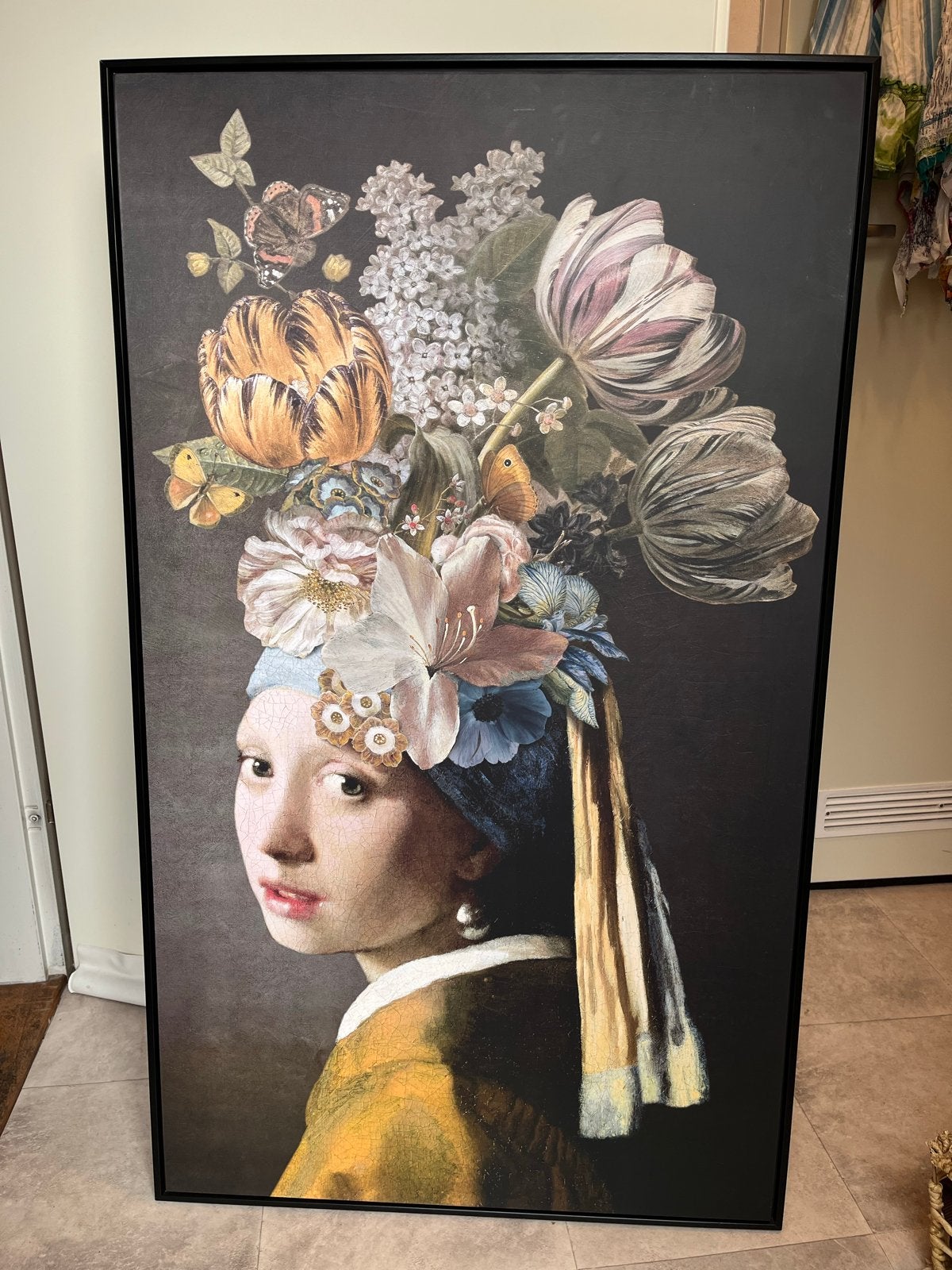 Groot schilderij Vermeer Meisje met parels bloemen, Antiek en Kunst, Kunst | Schilderijen | Klassiek, Ophalen, Doek, Portret of Personen
