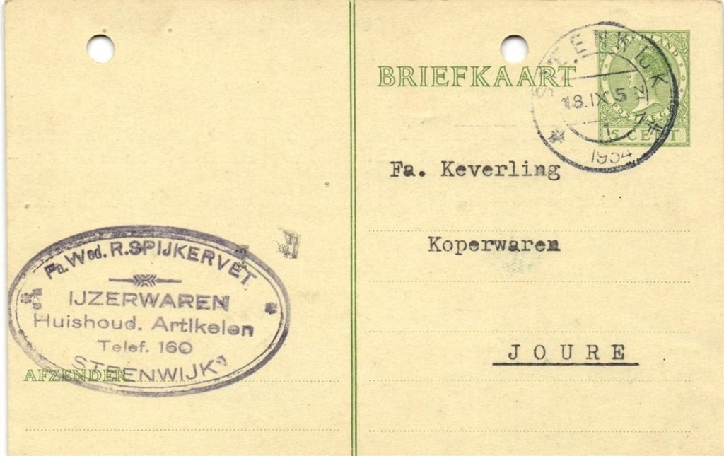 Fa. Wed. R. Spijkervet, Steenwijk - 09.1934 - briefkaart, Postzegels en Munten, Ophalen of Verzenden, Briefkaart