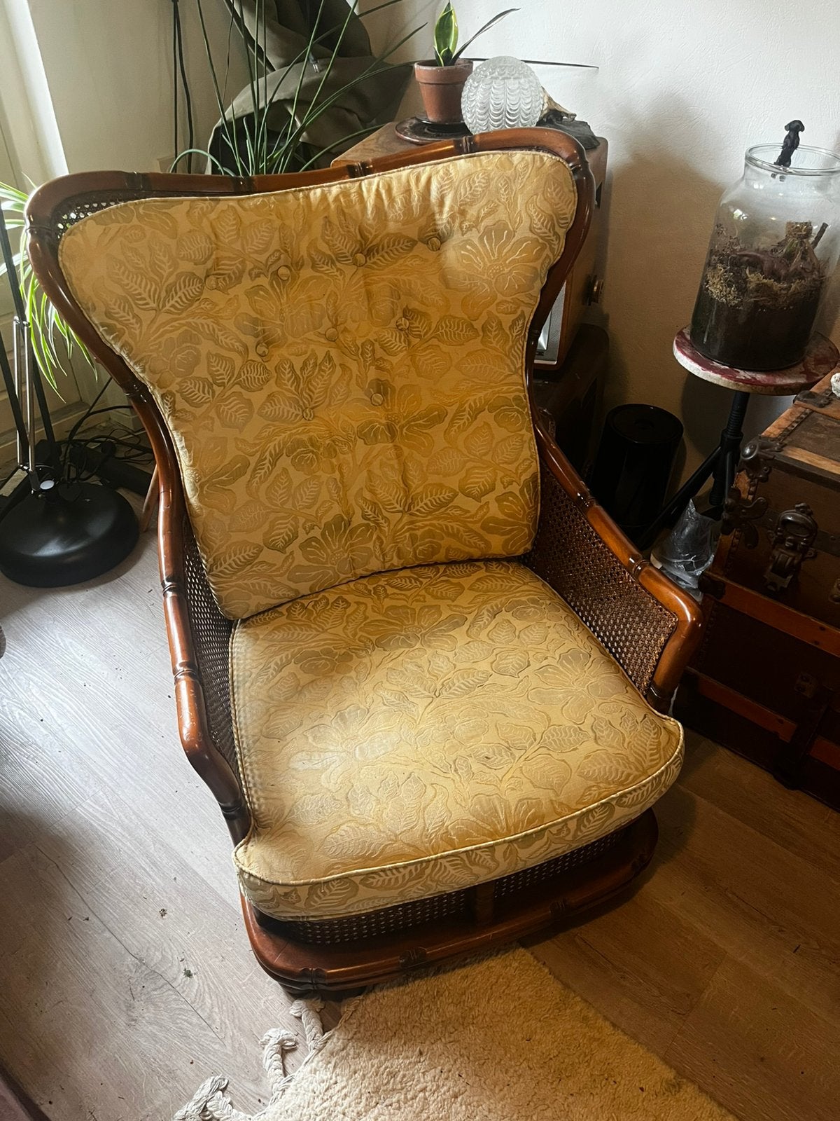 Vintage Hollywood Regencyt fauteuil | faux bamboe & rotan, Ophalen, Zo goed als nieuw, Minder dan 75 cm, 50 tot 75 cm