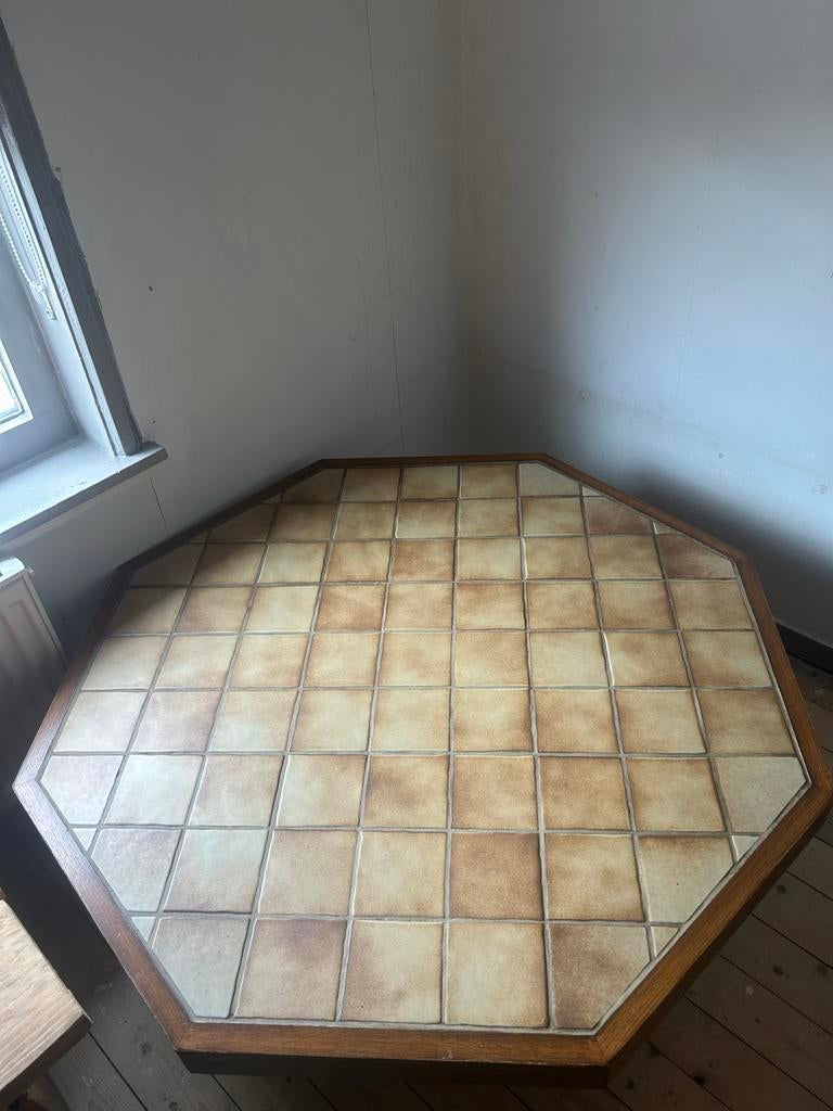 Vintage tegel salontafel met houten rand, Ophalen, 100 tot 150 cm, 50 tot 75 cm, Zo goed als nieuw