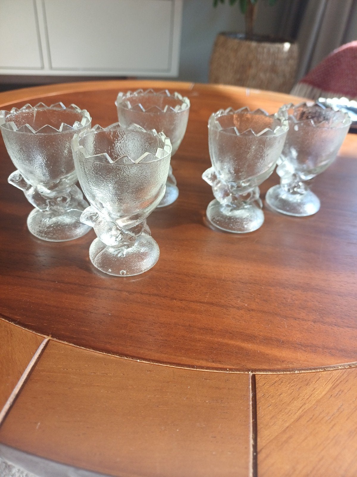 Set van 5 vintage glazen eierdopjes met kuiken, Ophalen of Verzenden