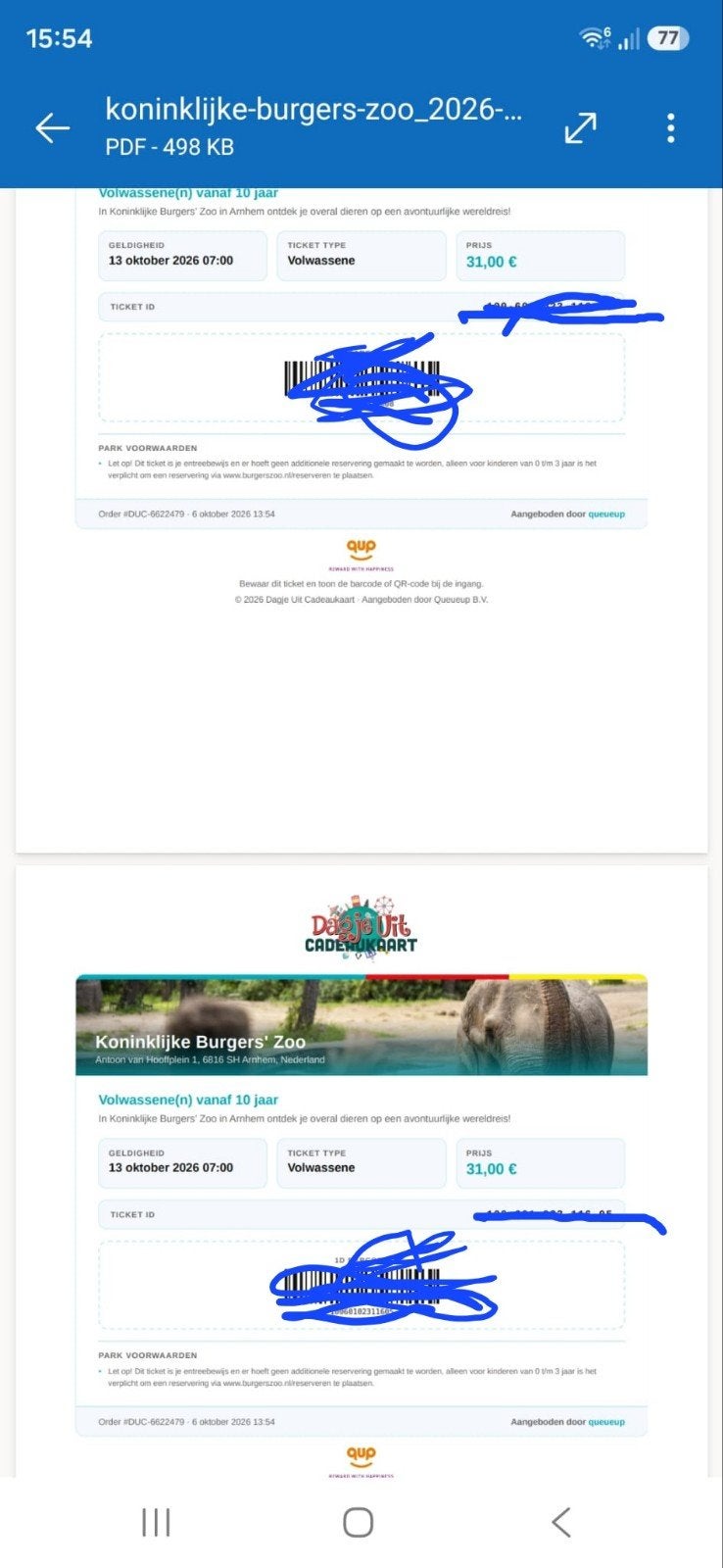 2 kaartjes voor koninklijke burger zoo  13 oktober, Twee personen