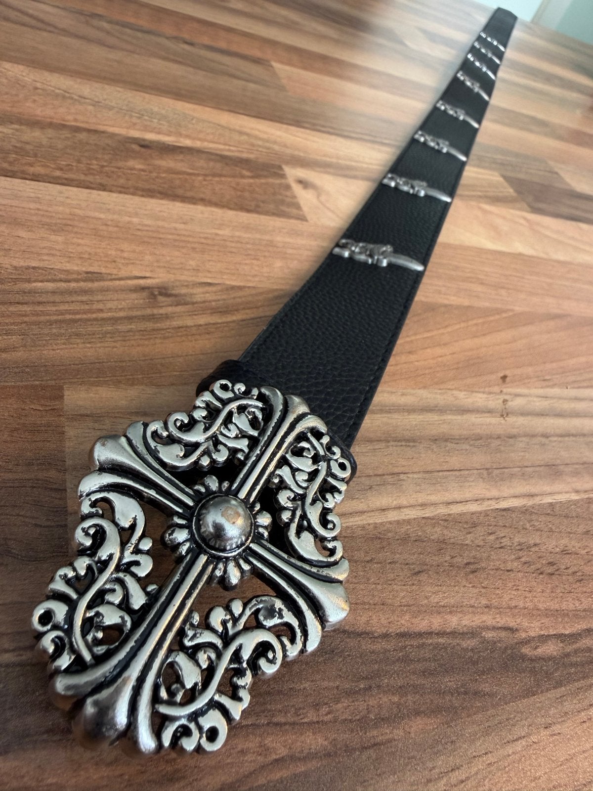 Zwarte Leren Riem met Chrome Hearts Stijl Gesp en Daggers, Nieuw, Riem of Ceintuur, Echt leder, Zwart