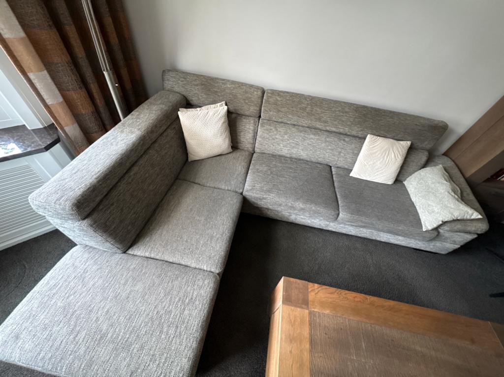Comfortabele grijze hoekbank - Gebruikt, Ophalen, 250 tot 300 cm, Gebruikt, 100 tot 125 cm
