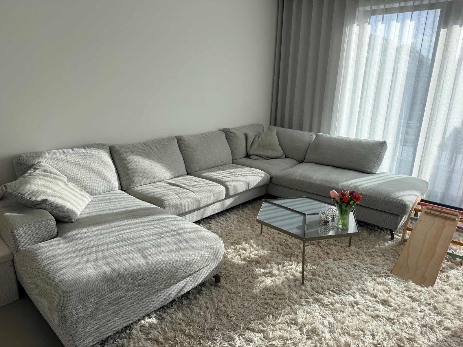 Montel Monza Hoekbank - Beige/Grijs met Chromen Poten, Ophalen, Gebruikt, Hoekbank, 300 cm of meer