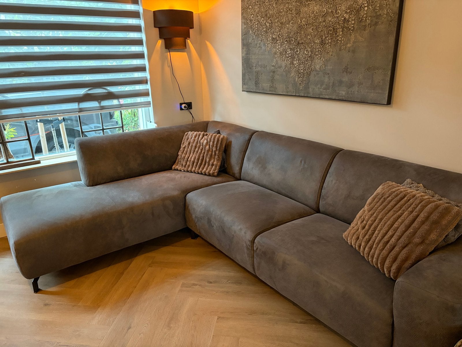 Moderne Hoekbank microleder dark grey  - Zo goed als nieuw, Ophalen, 250 tot 300 cm, 100 tot 125 cm, Hoekbank