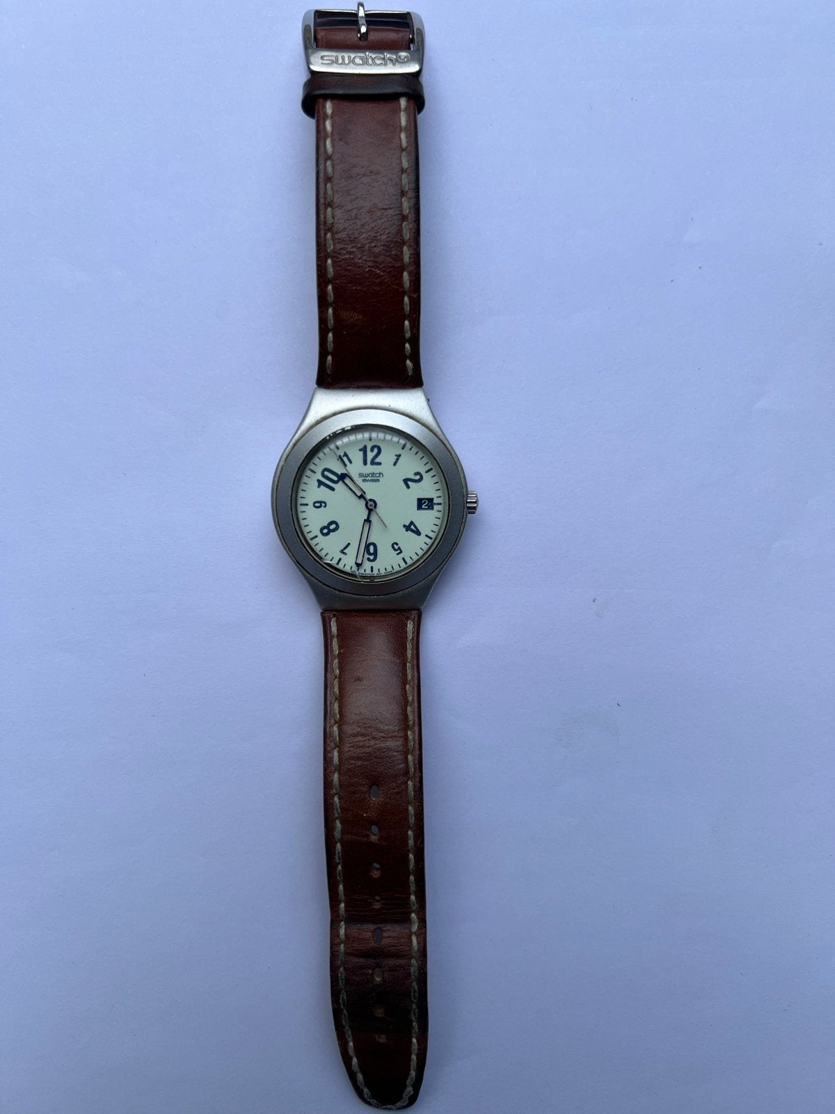 Swatch Irony Polshorloge met Bruin Leren Bandje, Sieraden, Tassen en Uiterlijk, Overige materialen, Polshorloge, Swatch, Ophalen of Verzenden
