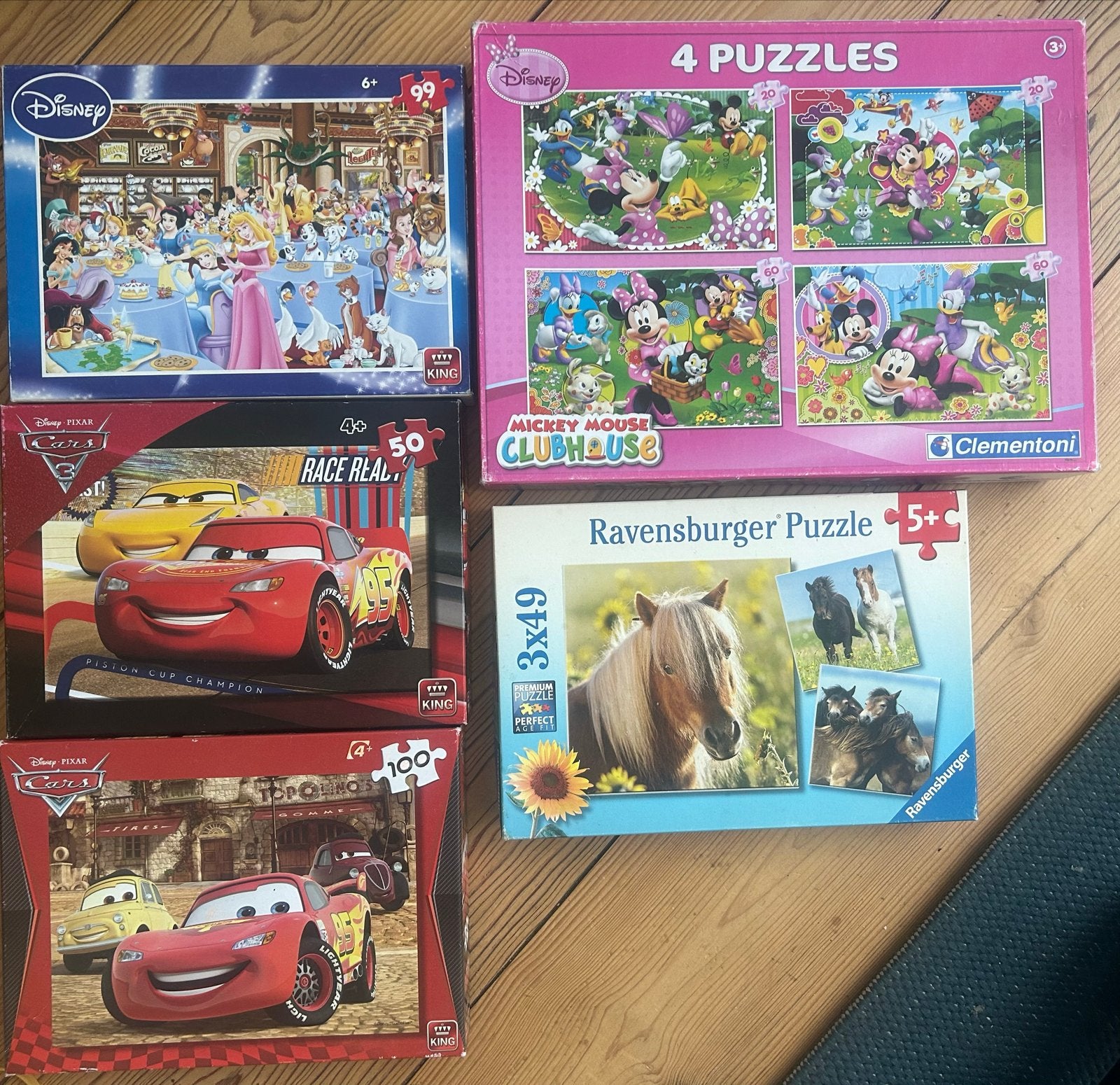 Cars, prinses Disney Mickey Mouse Clubhouse Puzzels (4 in 1), Ophalen of Verzenden, 10 tot 50 stukjes, Gebruikt, 2 tot 4 jaar