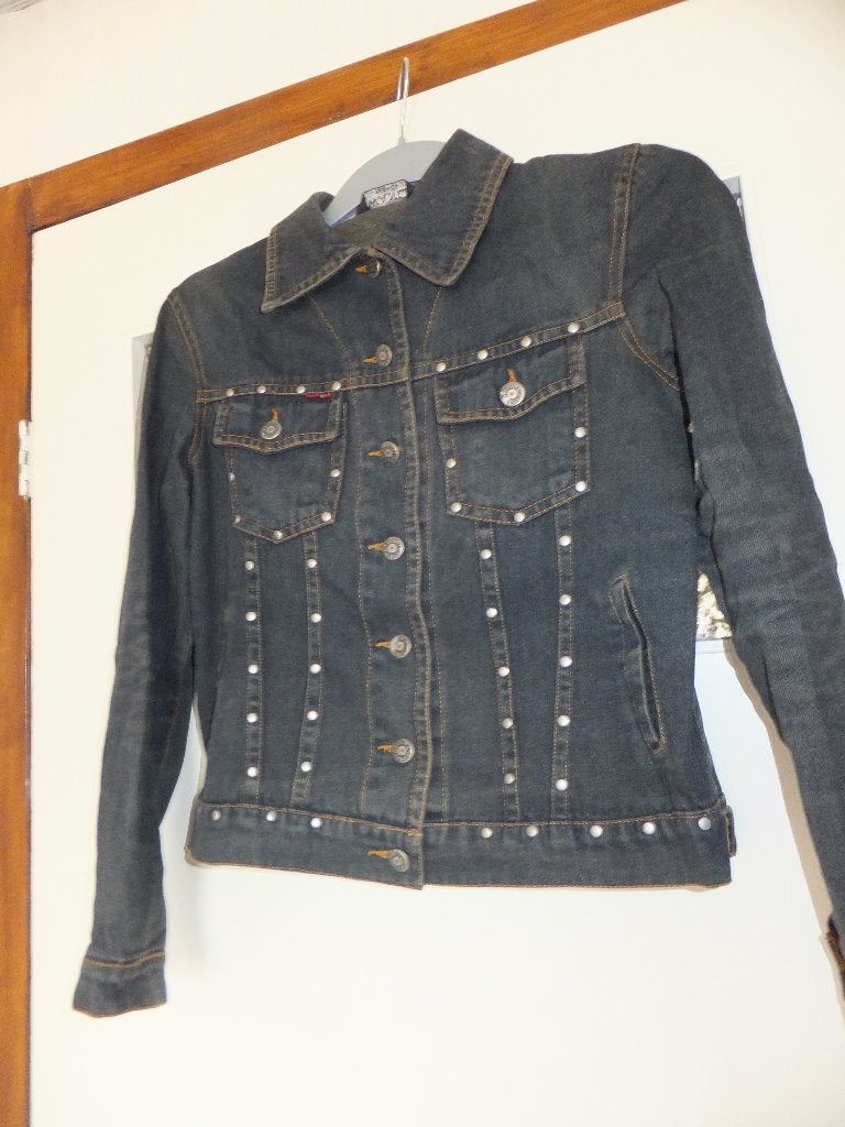 Super stoer donkerblauw spijker denim jasje, mooie pasvorm., Verzenden, Gedragen, Maat 36 (S), Blauw