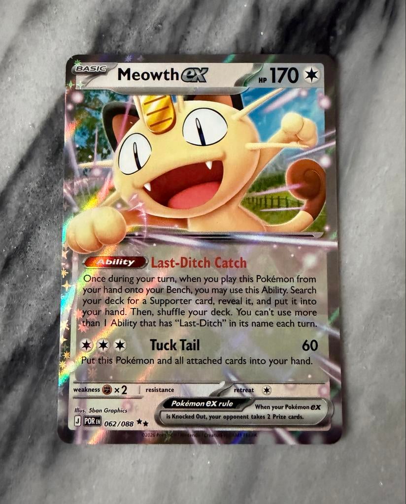 Meowth EX 062/088 Pokemon Kaart - Zeldzaam, Ophalen of Verzenden, Zo goed als nieuw, Losse kaart, Foil