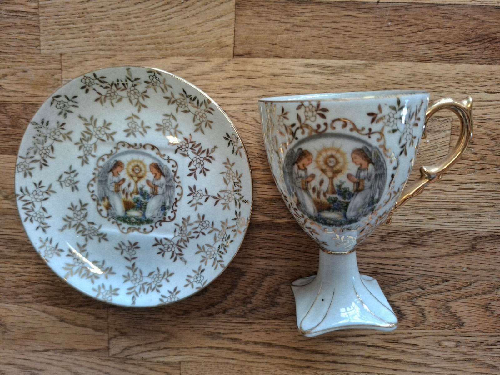 Brocante porseleinen communie kop en schotel met engelen, Ophalen of Verzenden