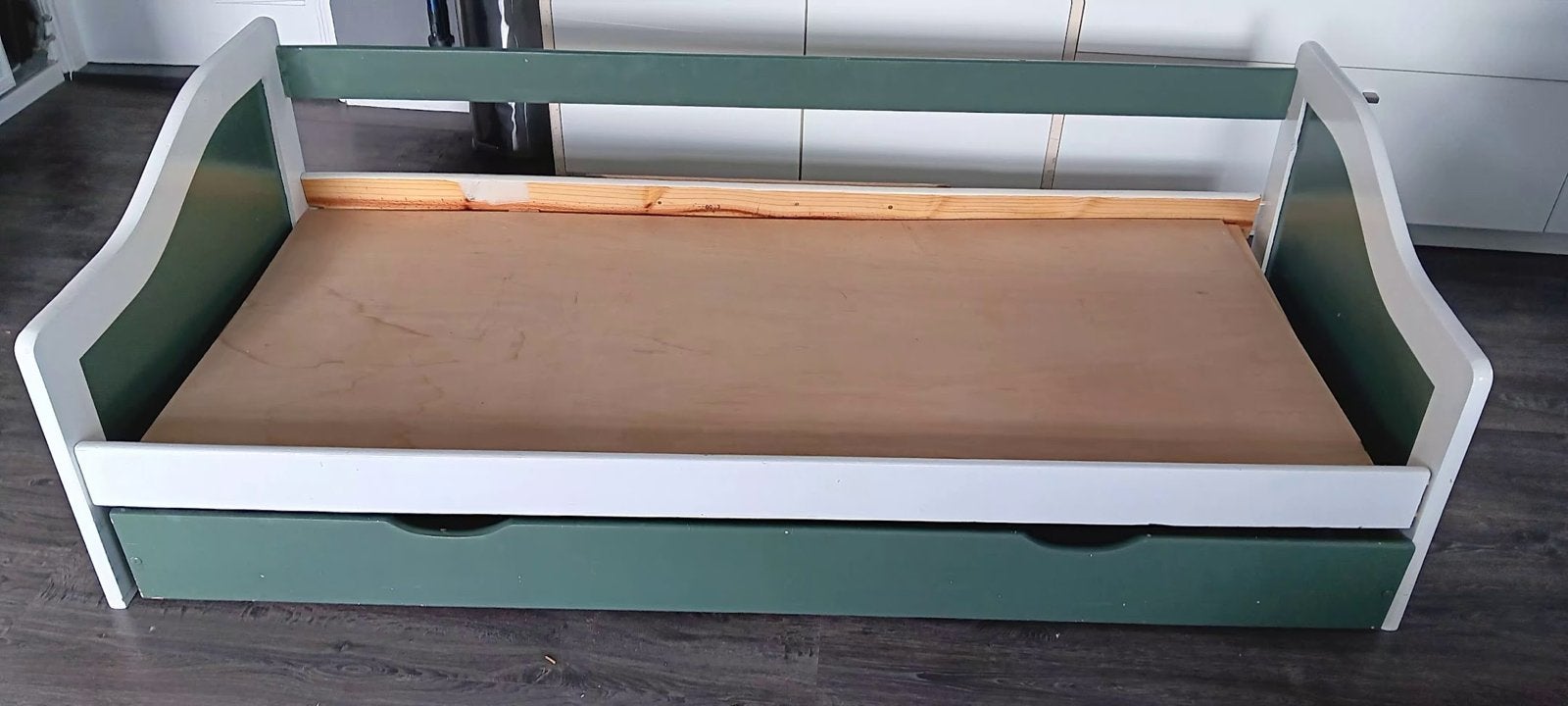 Eenpersoonsbed met lade - Groen en Wit, Gebruikt, 90 cm, Eenpersoons, Wit