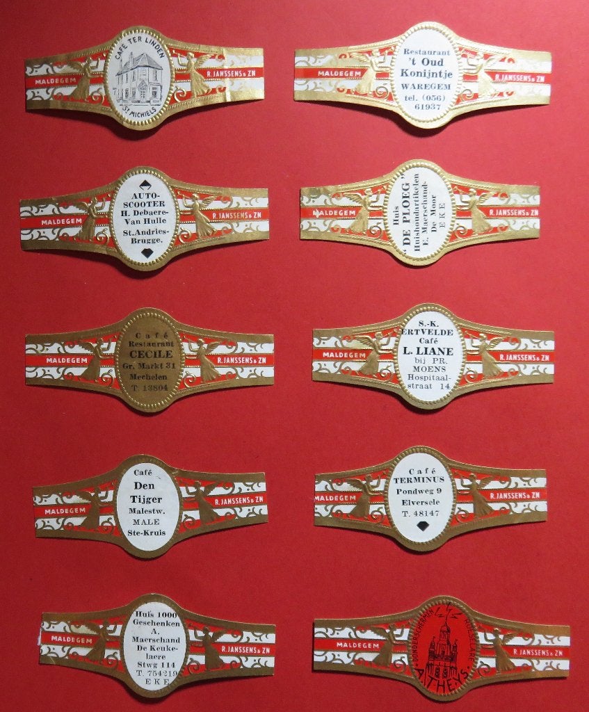 Sigarenbandjes Reclamebandjes R.Janssens & Zn. 10x, Verzenden, Gebruikt, Sigarenbandjes
