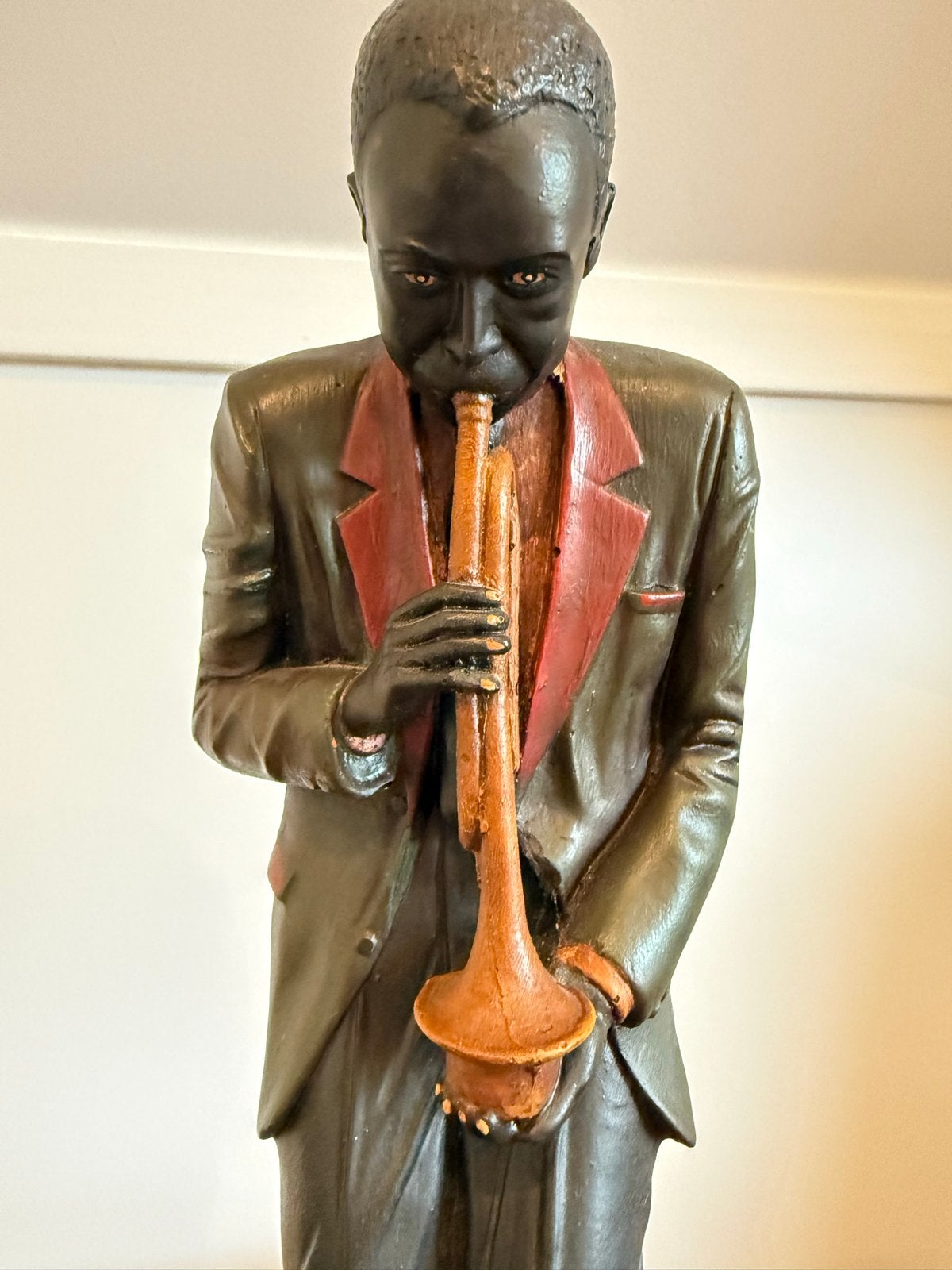 Vintage Beeld Trompettist - Jazz Muzikant Decoratie, Antiek en Kunst, Ophalen, 20 - 50 cm, Beeld, Hout