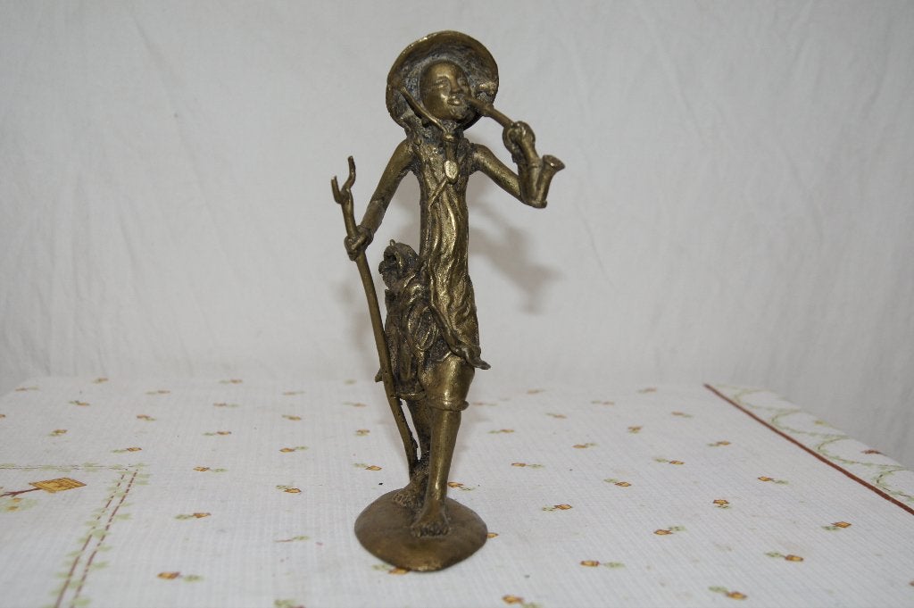 Fluitspelende man met hond ( Brons, Antiek en Kunst, Ophalen of Verzenden, Brons, Beeld
