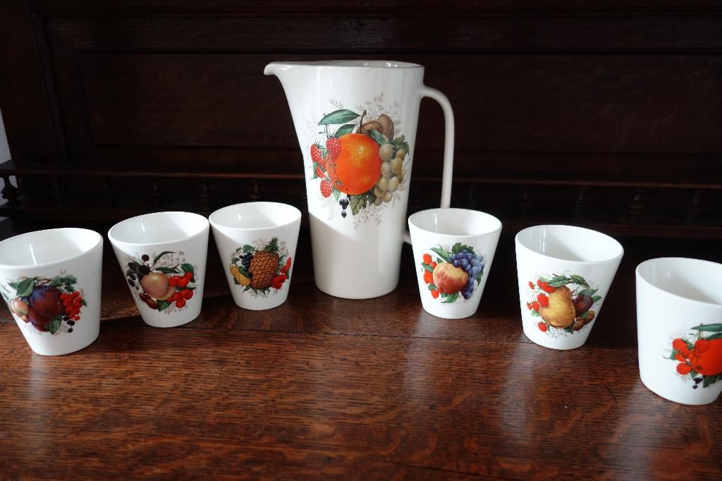 Vintage ceramique Juice kan + 6 bekers BochKeramisLaLouvière, Ophalen of Verzenden, Zo goed als nieuw, Overige stijlen, Aardewerk