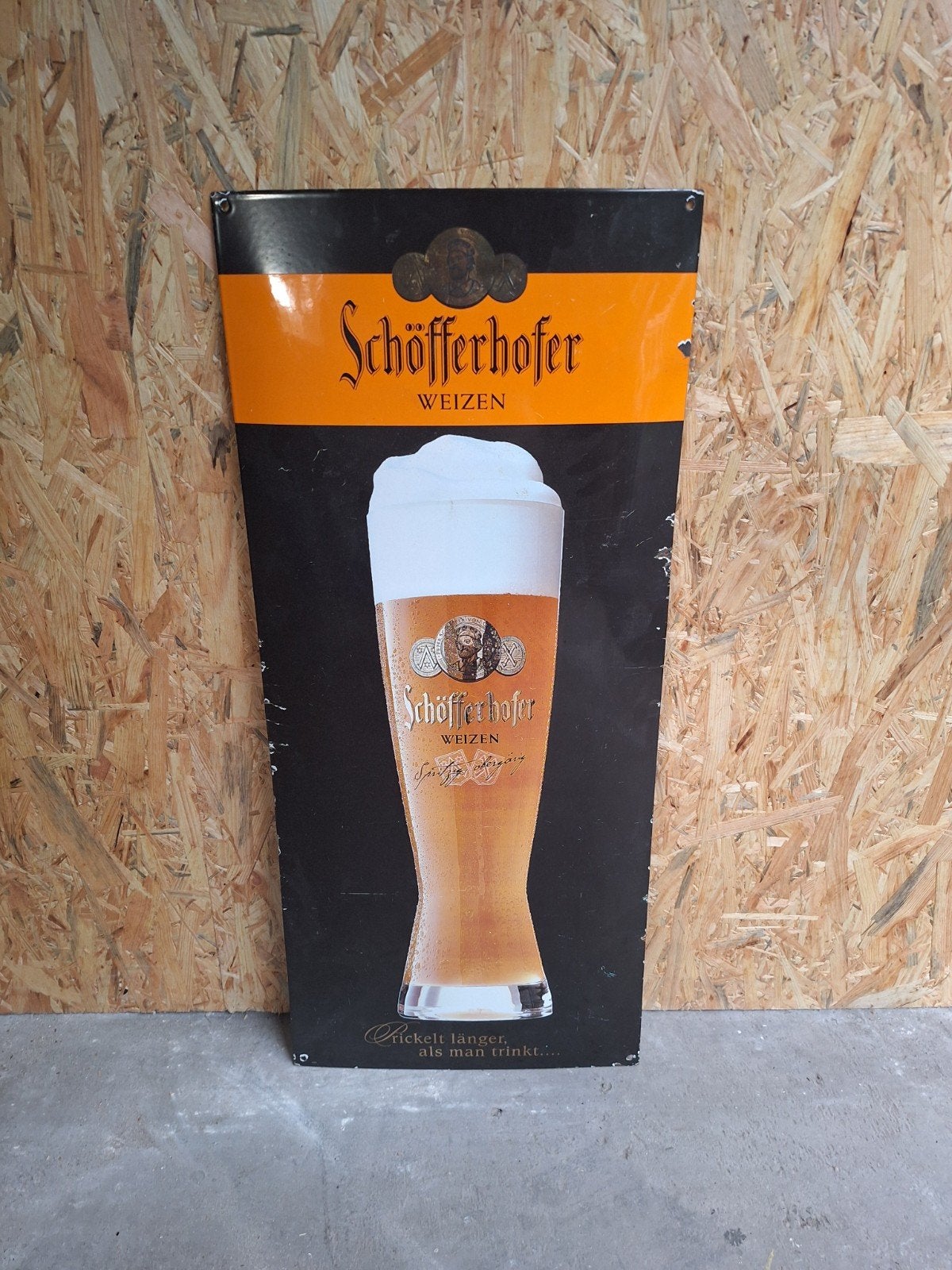 Vintage Schöfferhofer Weizen Emaille bier Reclamebord, Ophalen of Verzenden, Gebruikt, Reclamebord, Plaat of Schild, Overige merken