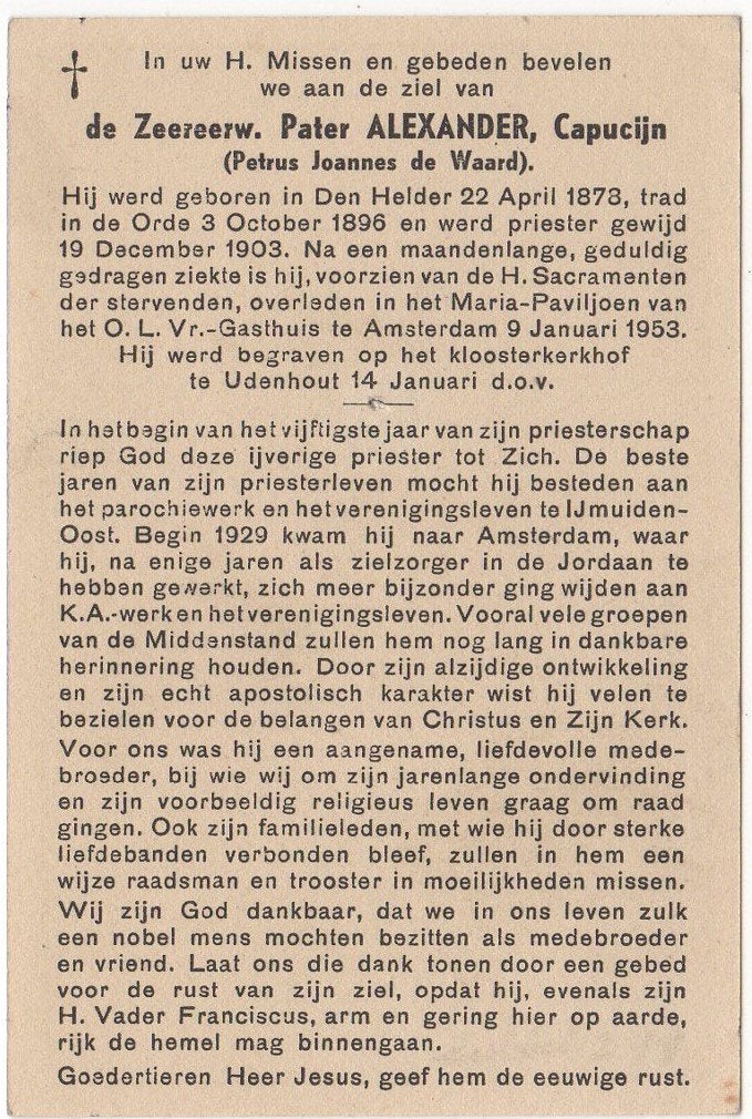pater Petrus J. de Waard 1873 Den Helder + 1953 Amsterdam, Verzamelen, Bidprentjes en Rouwkaarten, Verzenden