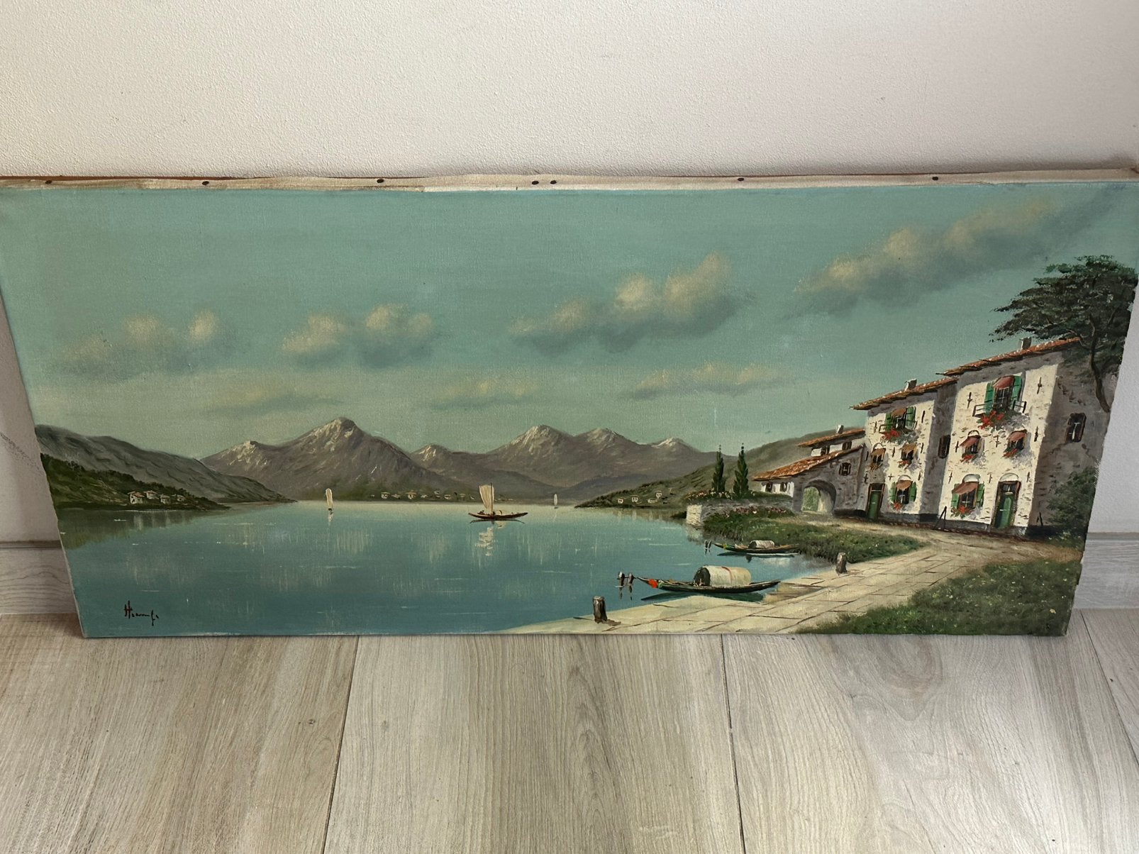 Oud Panorama schilderij Gardameer Italie 80/40 cm, Ophalen of Verzenden