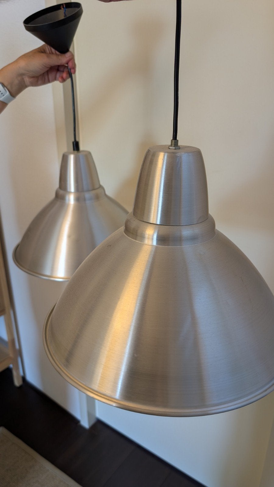 Set van 2 IKEA Hektar hanglampen, geborsteld metaal, Ophalen, E27 (groot), Zo goed als nieuw, Metaal