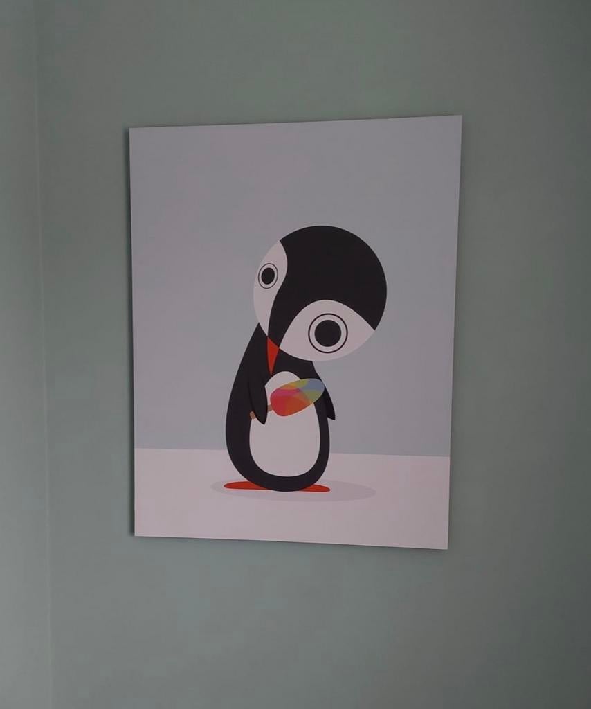 Leuke pinguïn illustratie op hout - A2 formaat, Ophalen, Zo goed als nieuw, Minder dan 50 cm, Print