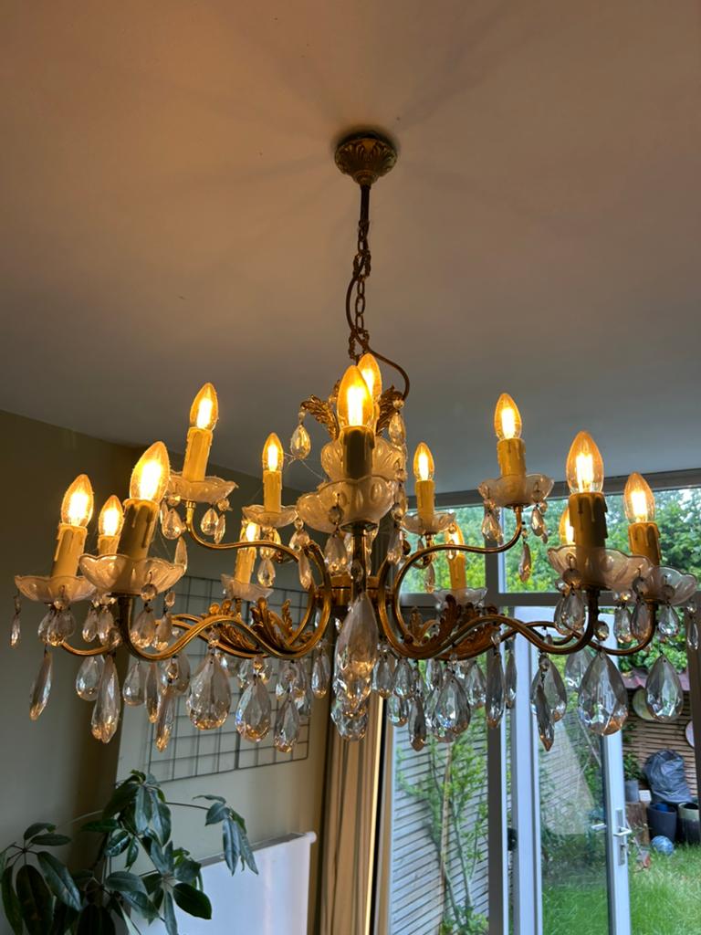 Zware oude kroonluchter 16 armen, Huis en Inrichting, Lampen | Kroonluchters, Ophalen, Gebruikt