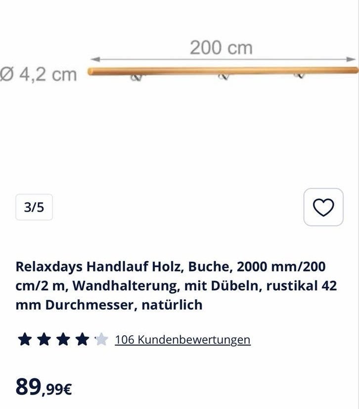 Relaxdays Houten Trapleuning Beuken, 200 cm, Natuurlijk, Ophalen, Minder dan 80 cm, Overige typen, Minder dan 200 cm
