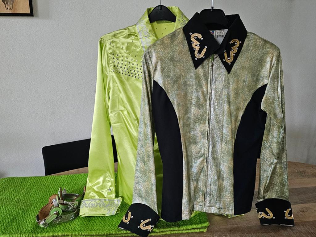 Western showblouse groen hologram mt M, Dieren en Toebehoren, Paardrijkleding, Ophalen of Verzenden, Western, Bovenkleding