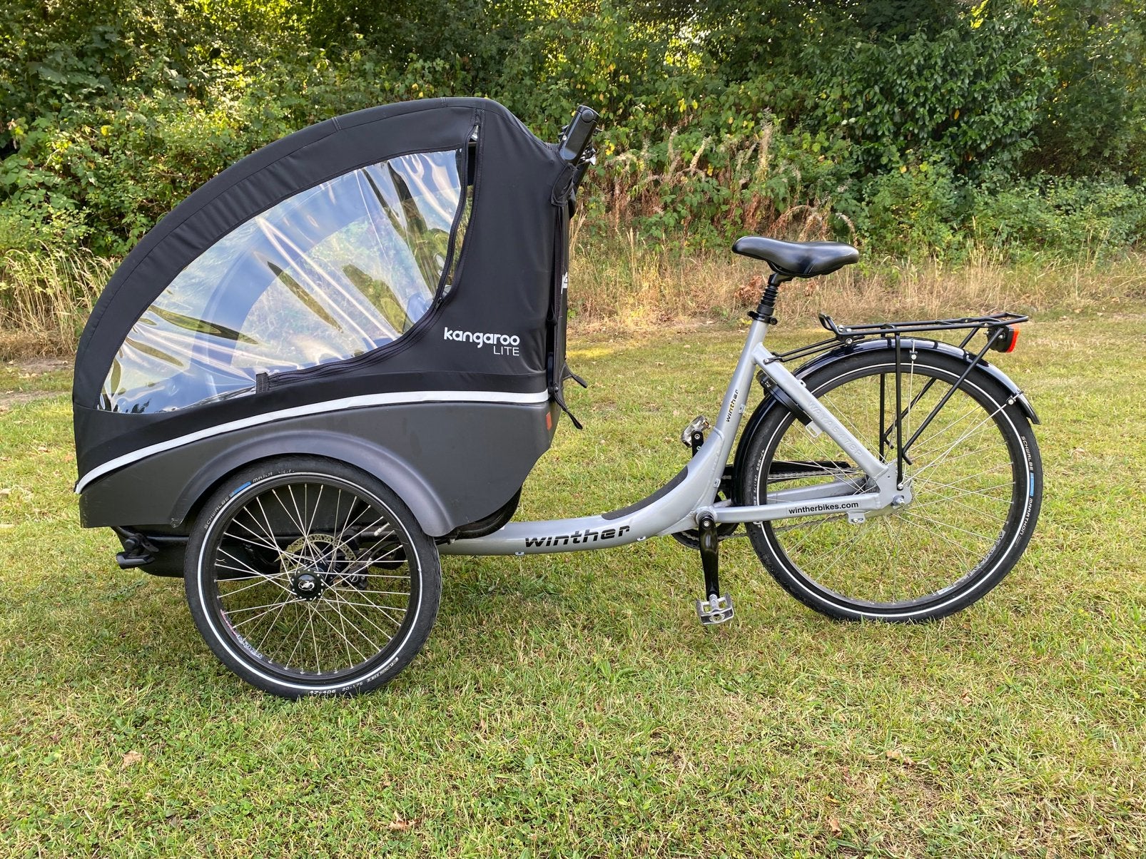 Winther Kangaroo Lite Bakfiets zilver/ zwart, Terugtraprem, Gebruikt, Huif, 2 kinderen